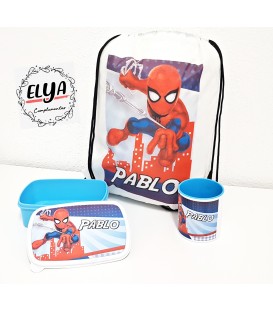 Fiambrera azul + taza plástico + mochila Spiderman